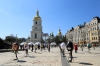 Ukraine, Kiev - Main square outside St Sophia's Cathedral with decorated eggs on display for Easter