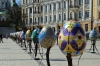 Ukraine, Kiev - Main square outside St Sophia's Cathedral with decorated eggs on display for Easter