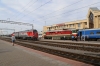 BCh TEP70-0227 about to depart Gomel with 083B 1716 Gomel - St Petersburg while RZD 2TE25KM-0187 runs through the station