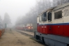 Mk45-2002 waits departure from Szepjuhoszne with 237 1010 Huvosvolgy - Szechenyihegy as Mk45-2004 arrives with 132 1003 Szechenyihegy - Huvosvolgy; at the Budapest Children's Railway
