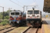 Recently having had its OHL energized, loco changed now take place at Bellary Jn. BZA WAG5 23866 sits in the bay and would later work 57273 0600 Hubli Jn - Tirupati from Bellary Jn, while UBL WDP4 20027 sits alongside and would later work the opposing 57274 0610 Tirupati - Hubli Jn from Bellary Jn