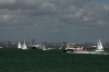 Wightlink Ferries, Catamaran & the Hovercrafts brave the waters to find a way through the JP Morgan round the Island boat race off the coast of Ryde as the boats near the end at Cowes