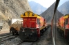 Running through the Andes at Surco, on board FCCA's 0700 Huancayo - Lima Los Desamparados tourist train; led by FCCA GE C30-7 1007, which is passing FCCA GE C30-7 1001 in the loop