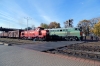 BCh TME1-017 shunts wagons into the station at Vitebsk while an unidentified 2TE10 runs through with a freight