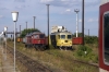 BDZ 07032 shunts off IC460 0755 Sofia - Bucharest at Giurgiu Nord, Romania, while GFR Suler 601572 waits with a freight