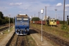 CFR GM 651025 shunts onto IC460 0755 Sofia - Bucharest at Giurgiu Nord, Romania, while GFR Suler 601572 waits with a freight