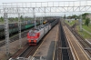 RZD 3ES5K-422 leads a double-freight through In, with 67 wagons in its set and 3ES5K-554 mid-train with 68 wagons behind it