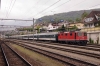SBB Re4/4 11192 stabled at Spiez with a load 10 set; possibly having worked a football special?