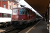 SBB Cargo Re4/4 11166, on hire to SOB, is T&T with SOB Re446 446015 (rear) as they stand at Arth Goldau with Voralpen Express VAE2416 1105 St Gallen - Luzern