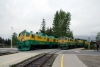 WP&YR Depot - GE/MLW combination 95, 110, 100 wait to depart with 21 0800 Skagway - Fraser, while CERES 90, 98 run light for their train